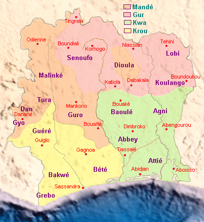Carte des langues de la Côte d'Ivoire.