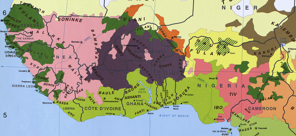 Carte de l'Afrique (langues des pays du Golfe de Guine).