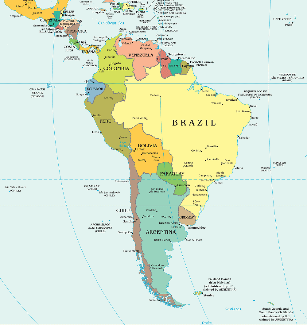 Carte de l'Amrique du Sud (politique).