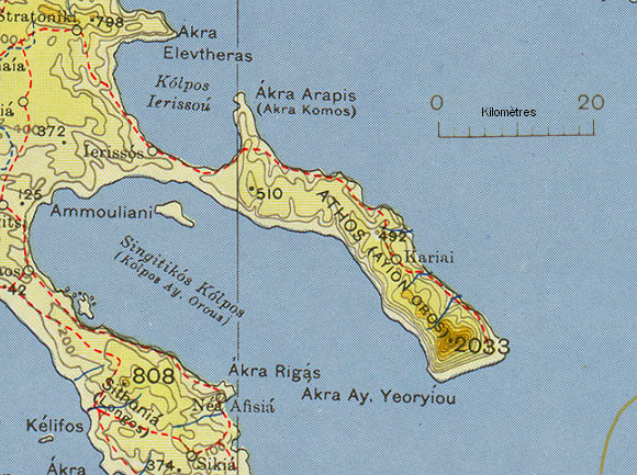 Carte de la péninsule du mont Athos.