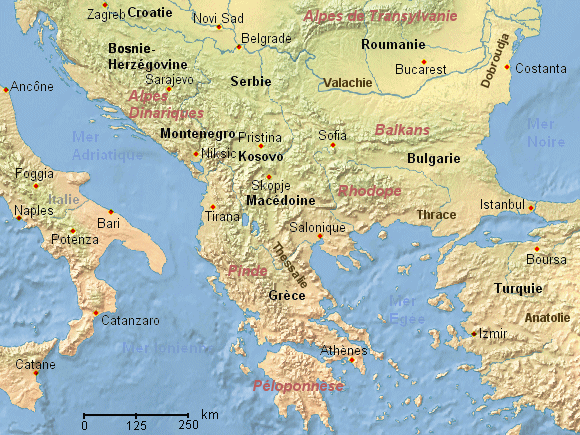 Carte physique des Balkans.