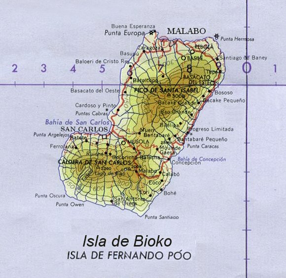 Carte de l'île de Bioko (Fernando Poo).