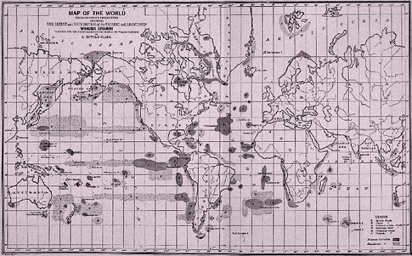La distribution géographique des baleines sur une carte du XIXe s.