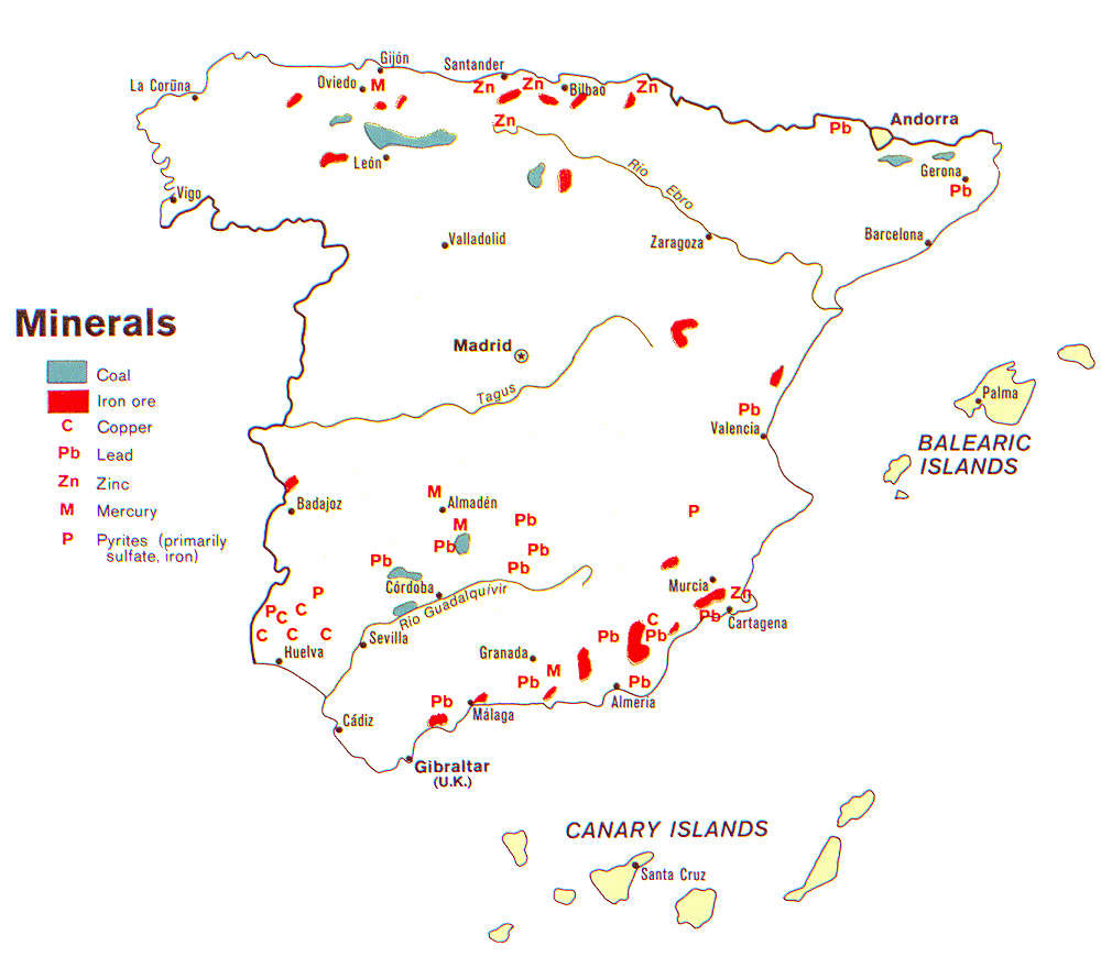 Carte de l'Espagne : minraux.