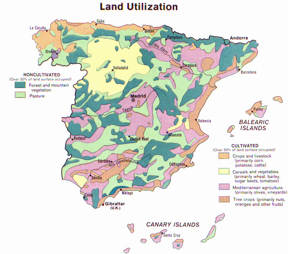 Carte de l'Espagne : utilisation des sols.