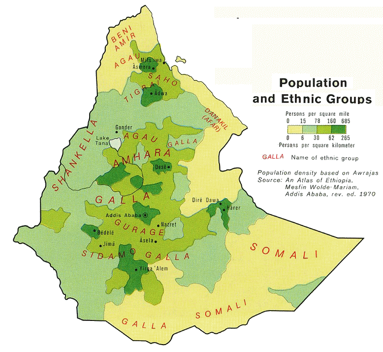 Carte de l'Ethiopie et de l'Erythrée (ethnographie, démographie).