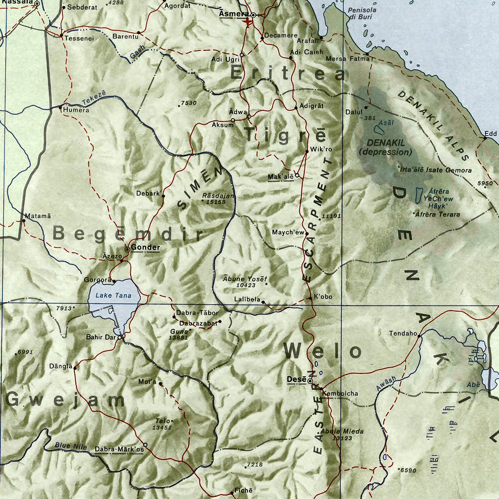 Carte du Nord de l'Ethiopie (Amarha, Tigré et Danakil).
