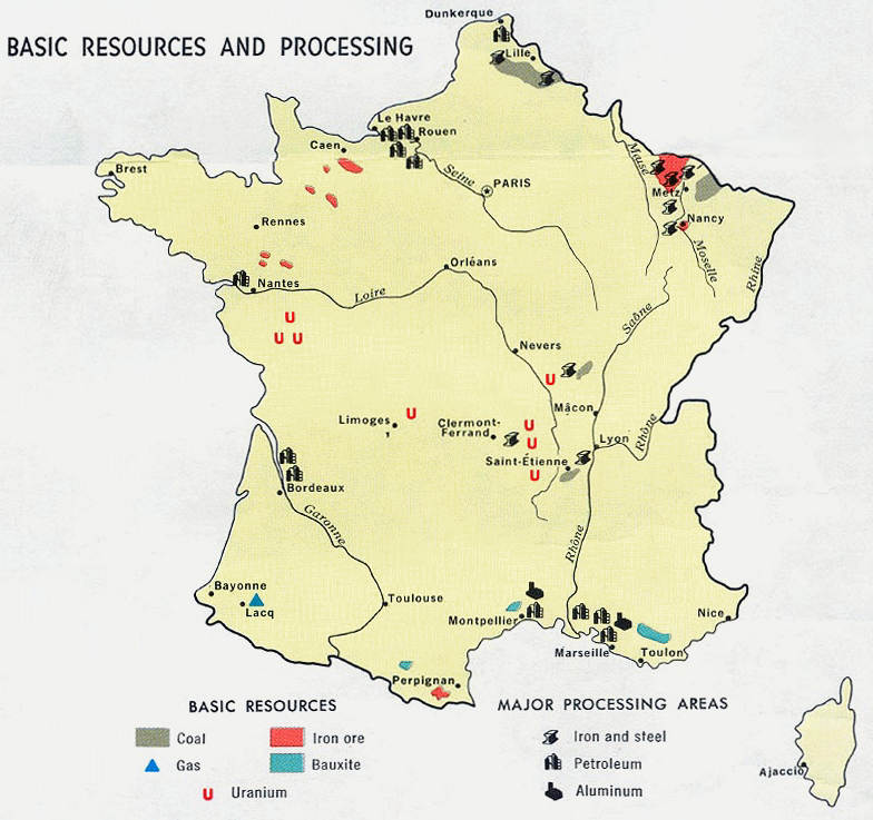 Carte de la France : minerais,industrie de transformation.