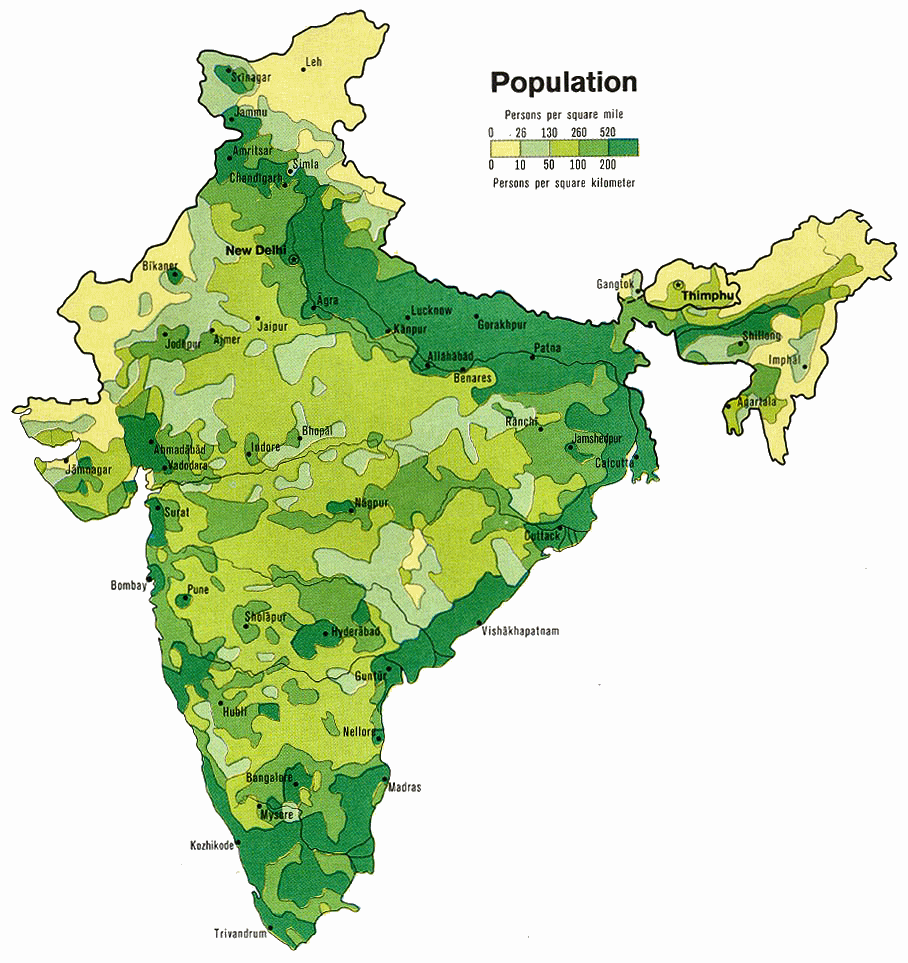 Carte de la densité de la population de l'Inde.