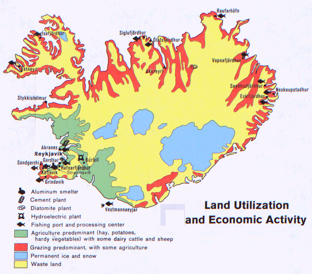 Carte de l'Islande : acivit conomique et utilisation des sols.