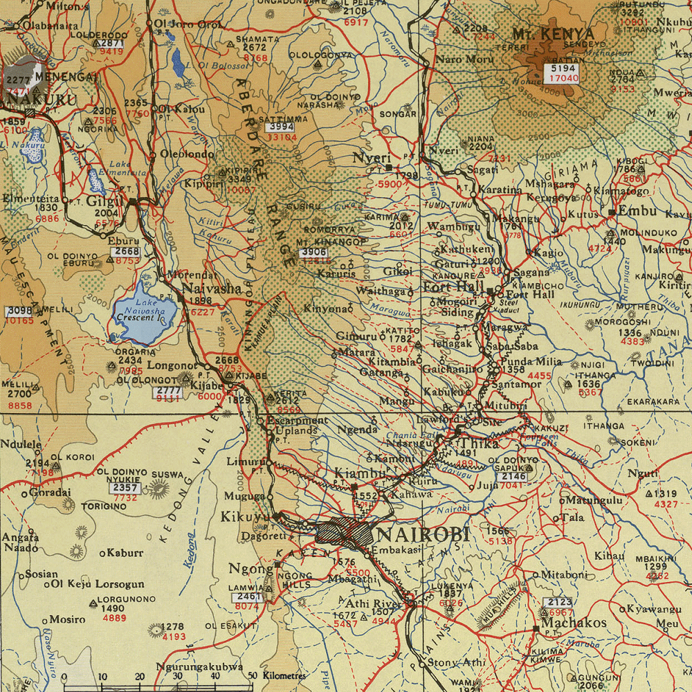 Carte du Kenya (rgion de Nairobi et du mont Kenya).