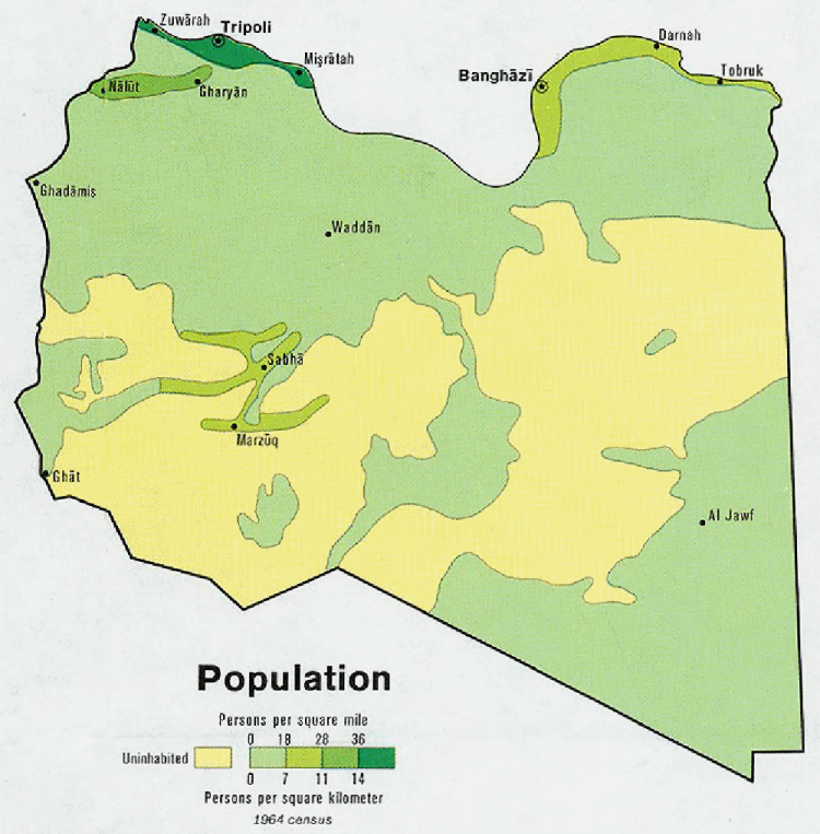 Carte de la Libye : la densit de la population.