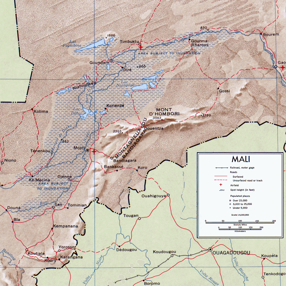 Carte du Mali : rgion centrale (Mopti, Gao, Tombouctou).
