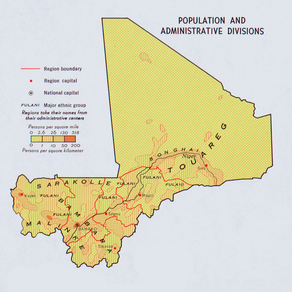 Carte du Mali : la dmographie et les divisions administratives.
