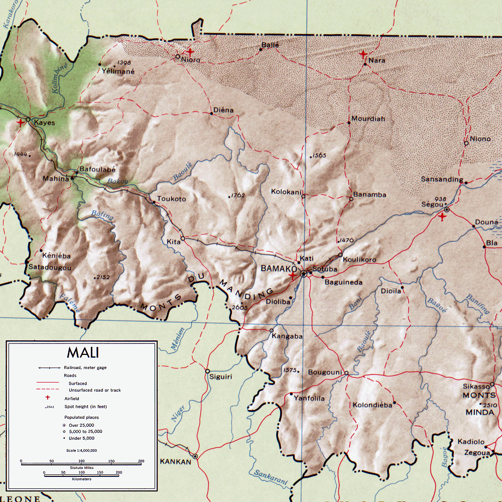 Carte du Mali : Sud-Ouest (rgion de Bamako, Kayes, Sgou).