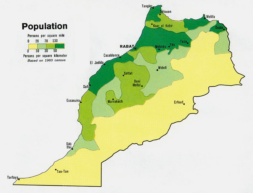 Carte du Maroc : la densité de la population.