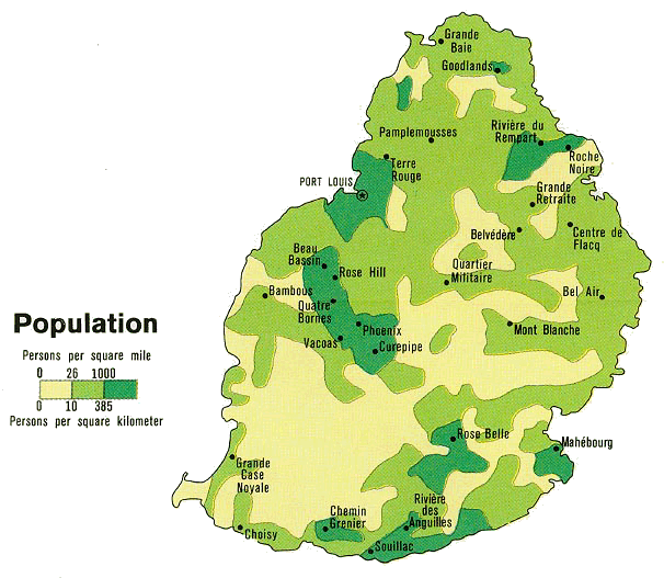 Carte de la densit de la population de l'le Maurice.