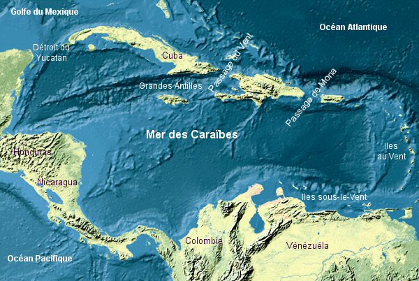 Carte de la Mer des Caraïbes.