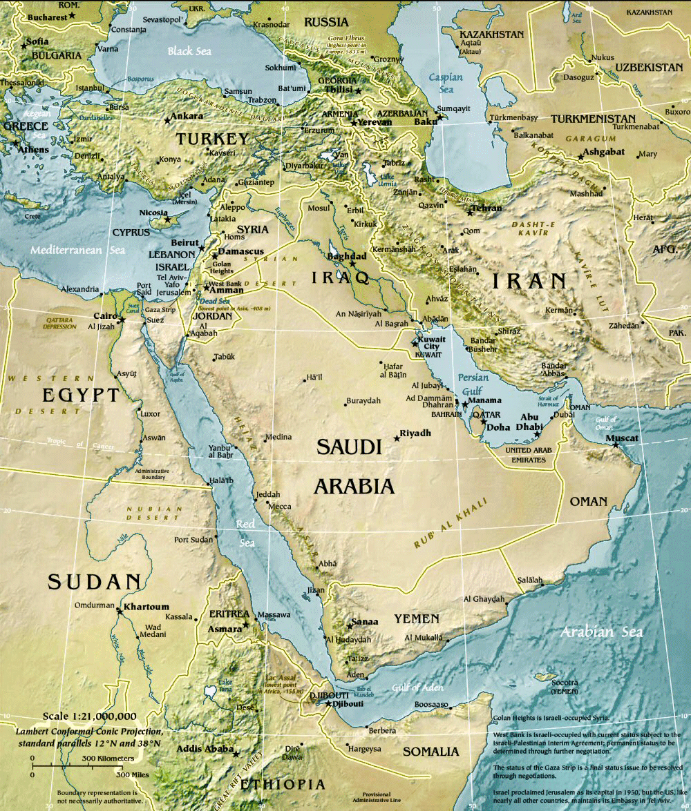 Carte du Moyen-Orient (physique).