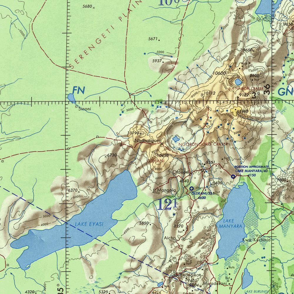 Carte de la Tanzanie : le cratre du Ngorongoro et les lacs Eyasi et Manyara.