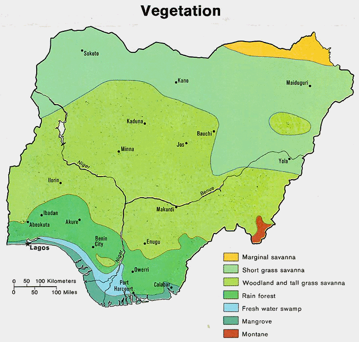 Carte du Nigeria : les zones de vgtation.