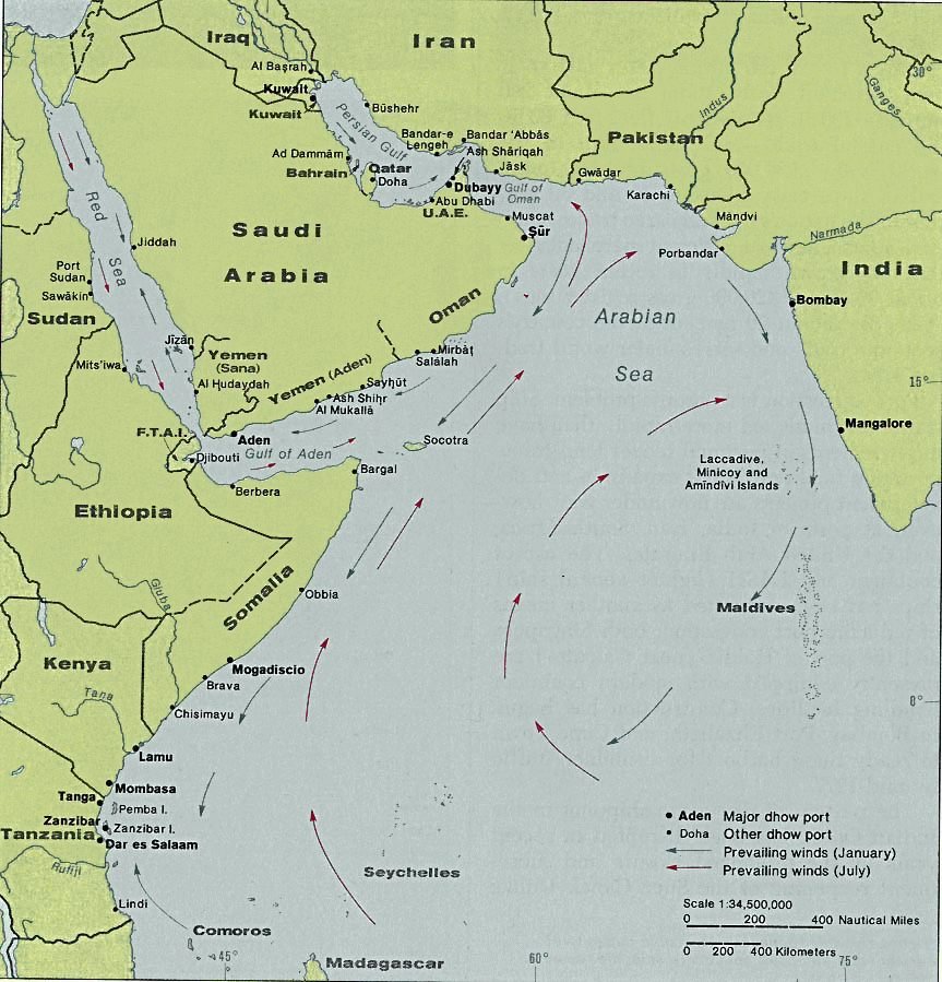Ocan Indien : ports de boutres (dhows) et vents dominants.