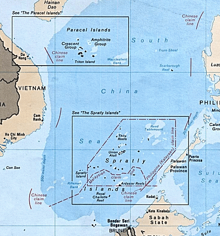 Carte de la mer de Cine Meridionale (iles Paracel et Spratly).