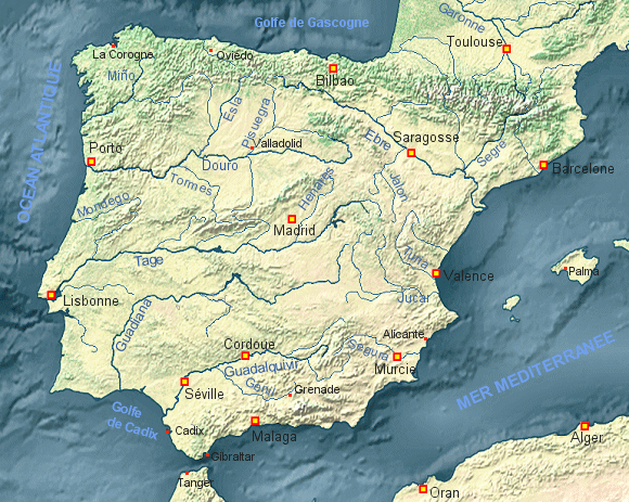Carte de la Péninsule ibérique (fleuves).