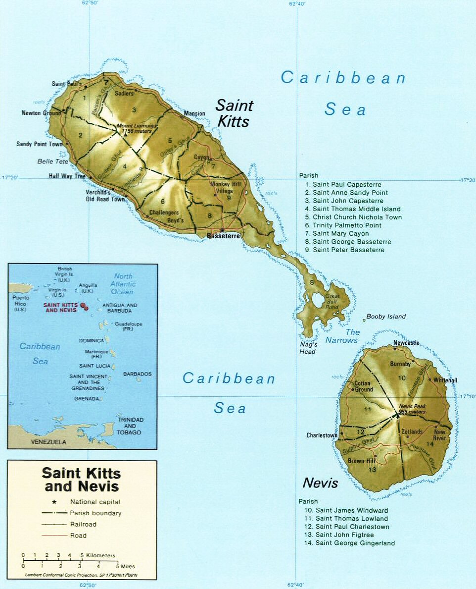 Carte de Saint Kitts et Nevis.