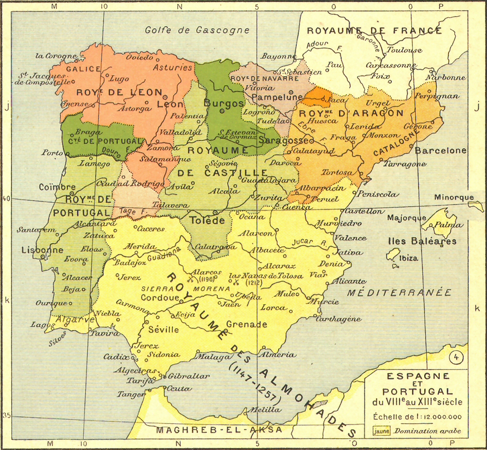Carte de l'Espagne et du Portugal du VIIIe au XIIIe sicle.