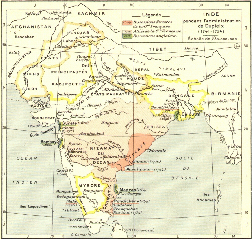 Carte de l'Inde pendant l'administration de Dupleix.