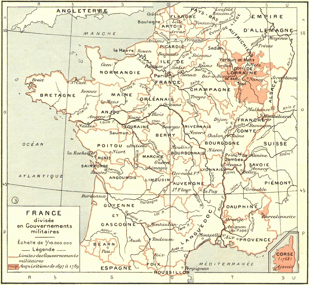 Carte de la France divise en Gouvernements militaires (1789).