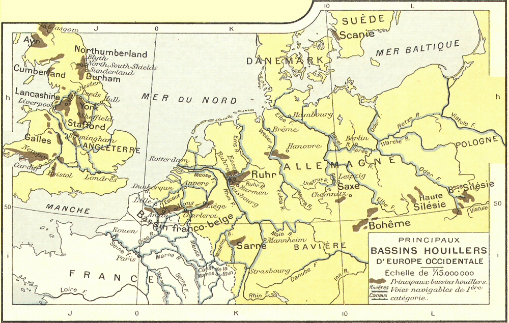 Carte des principaux bassins houillers d'Europe occidentale.