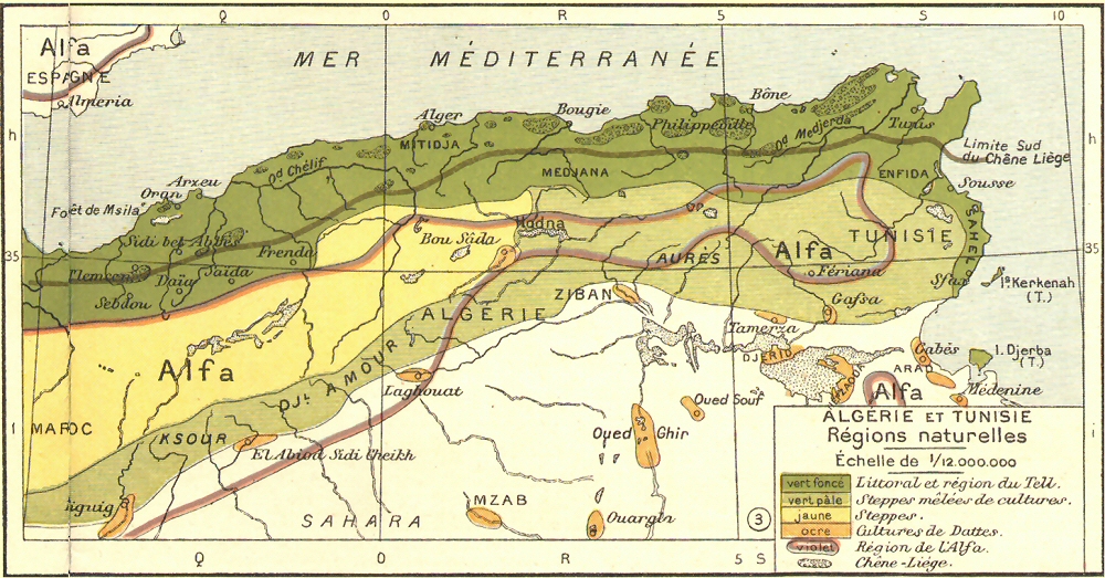 Carte des rgions naturelles de l'Algrie et de la Tunisie.