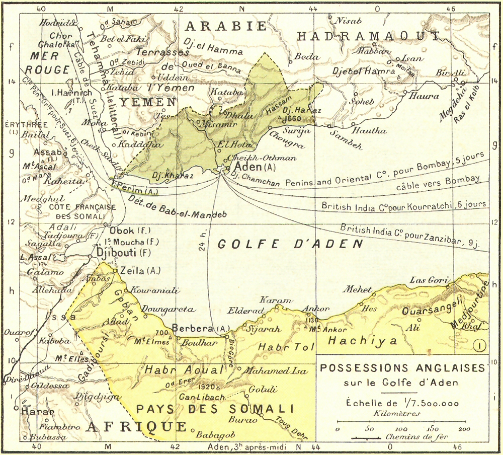 Carte des possessions anglaises sur le Golfe d'Aden.
