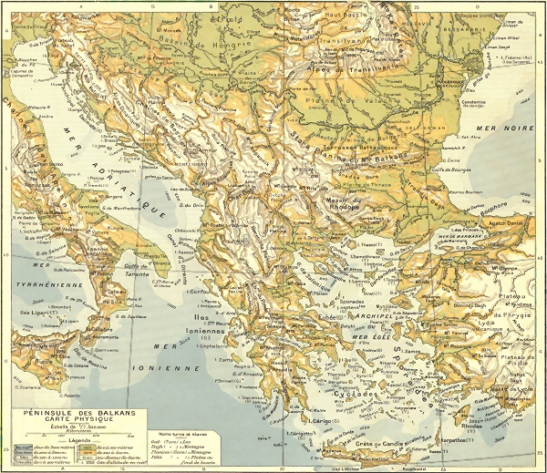 Carte physique des Balkans.