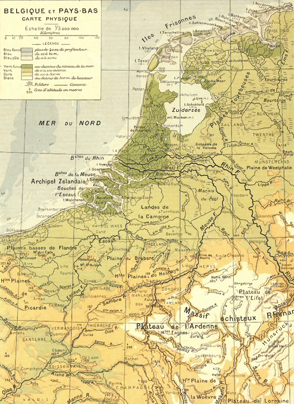 Carte physique de la Belgique et des Pays-Bas.