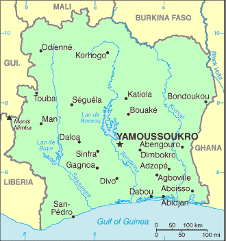 Carte de la Côte d'Ivoire.