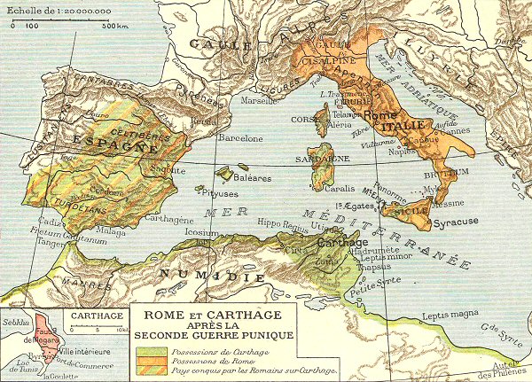 Carte de Rome et carthage après la Seconde guerre punique.