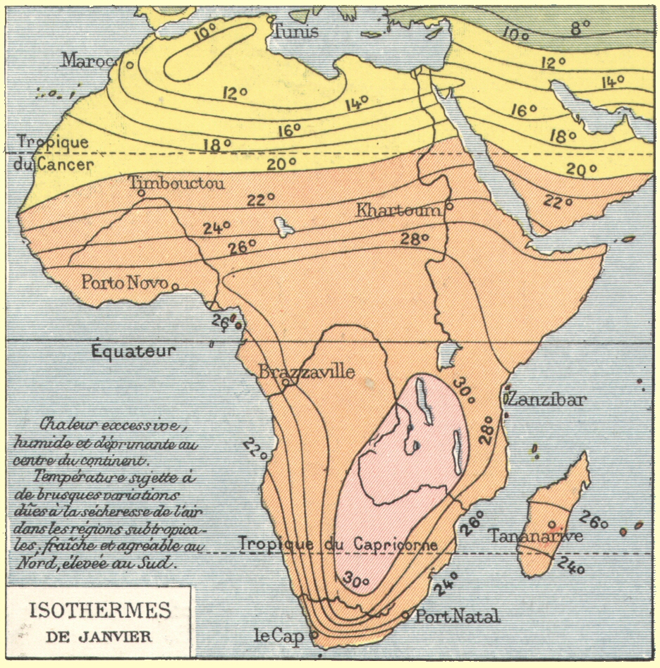 Afrique : Isothermes de janvier.