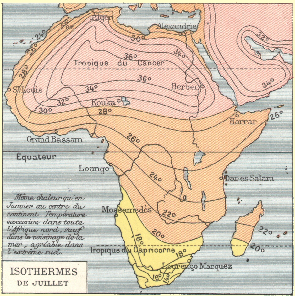 Afrique : Isothermes de juillet.
