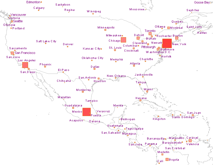 Carte des grandes agglomérations en Amérique du Nord