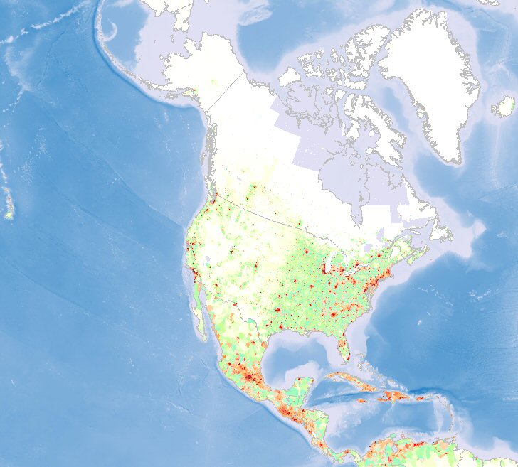 Carte de la densité de la population en Amérique du Nord