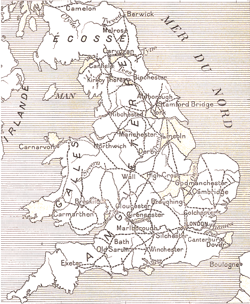 Carte de l'Angleterre : routes romaines.
