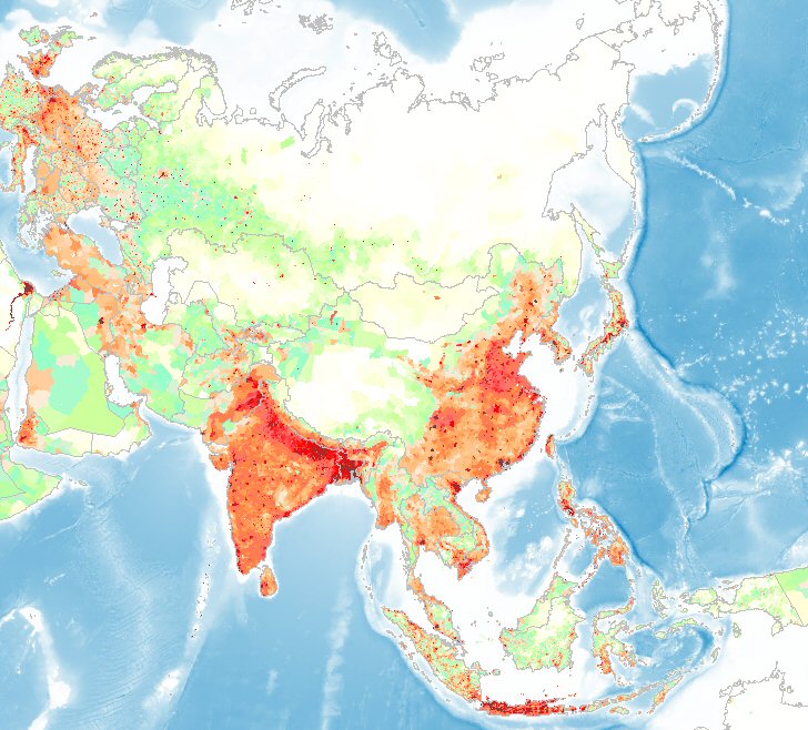 Carte de la densité de la population en Asie