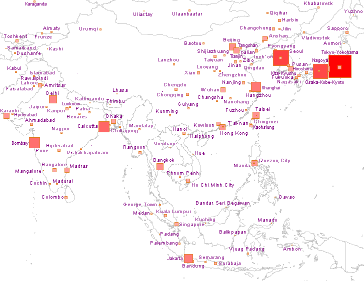Carte des grandes agglomérations en Asie du Sud et de l'Est