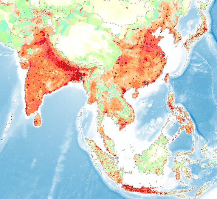 Carte de la densité de la population en Asie du Sud et de l'Est.