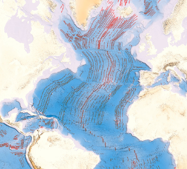Carte des anomalies magnétiques de l'Atlantique Nord