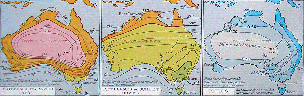 carte de l'Australie : isothermes et précipitations.