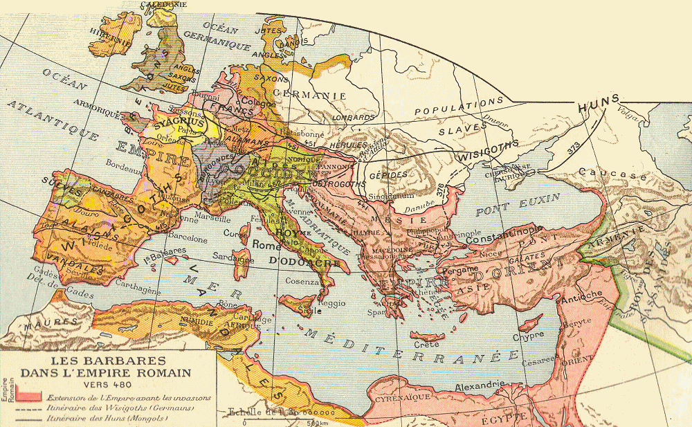 Carte des Barbares dans l'empire romain.